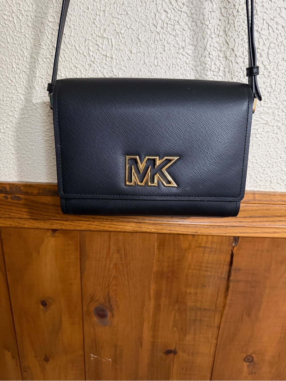 Michael Kors Black Leather Crossbody with Gold MK Emblem